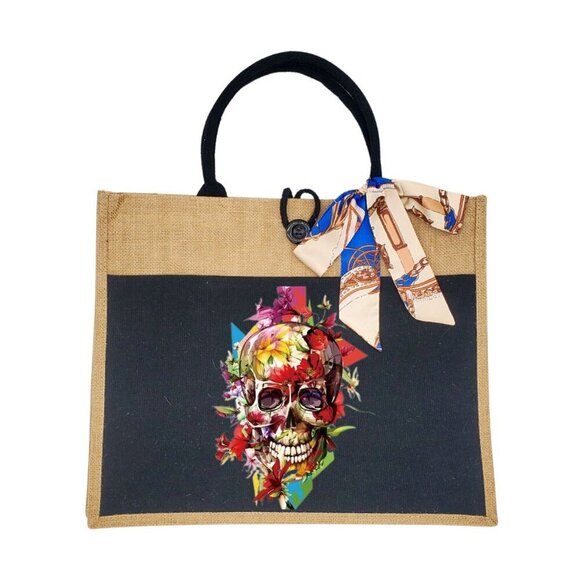 Custom Canvas Tote Bag, Large Size - Skulls Option #1 - Cream or Black Tote - Picture 2 of 14